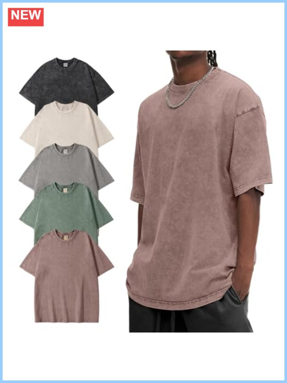 Mens Oversized Heavyweight Acid Washed Vintage Tee 5 Pack 100% Cotton Drop